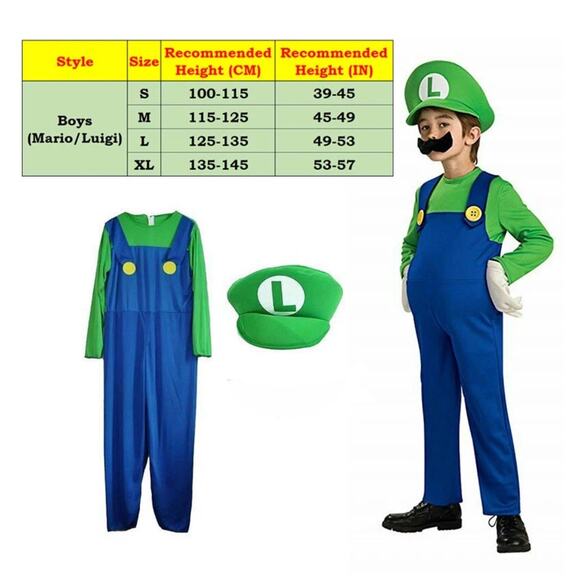 Halloween Unisex Kids Super Brothers Cosplay Jumpsuit Hat Luigi Plumber Costume - Picture 4 of 6